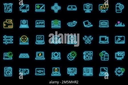 Icone di riparazione del computer portatile impostate. Contorno set di icone vettoriali di riparazione del laptop colore neon nero Illustrazione Vettoriale