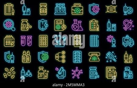 Le icone dei medicinali antivirali impostano il vettore di contorno. Siringa Covid. Iniezione di farmaco Illustrazione Vettoriale