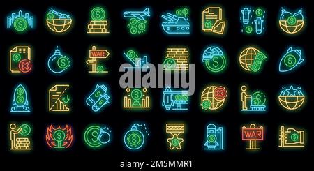Set di icone della guerra commerciale. Contorno insieme di icone vettoriali della guerra commerciale colore neon su nero Illustrazione Vettoriale