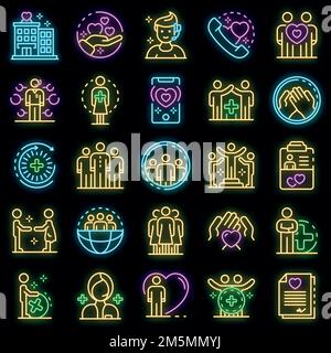 Set di icone dei servizi sociali. Contorno insieme di icone vettoriali di social service di colore neon su nero Illustrazione Vettoriale