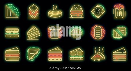 Set di icone della barra a sandwich. Contorno insieme di icone vettoriali a barre a sandwich colore neon su nero Illustrazione Vettoriale