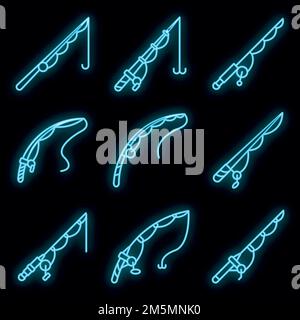 Set di icone canna da pesca. Contorno insieme di icone vettore canna da pesca colore neon su nero Illustrazione Vettoriale