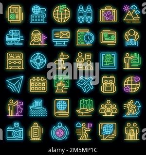Set di icone guida. Contorno insieme di icone vettoriali guida colore neon su nero Illustrazione Vettoriale