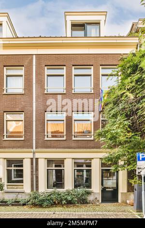 un edificio di appartamenti ad amsterdam, con la porta d'ingresso aperta e alberi che crescono su entrambi i lati della strada - foto di scorta Foto Stock