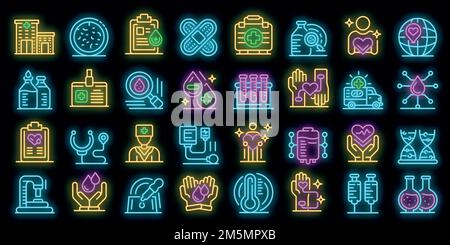 Set di icone per la donazione di sangue. Contorno insieme di icone vettore donazione sangue colore neon su nero Illustrazione Vettoriale