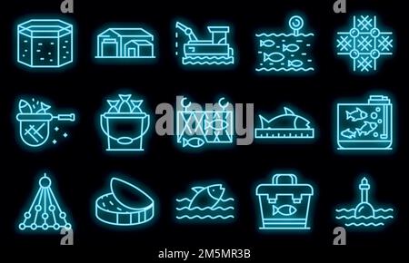 Set di icone di Fish Farm. Contorno insieme di icone vettoriali di allevamento di pesce colore neon su nero Illustrazione Vettoriale