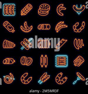 Set di icone di salsiccia. Contorno insieme di icone vettoriali di salsiccia colore neon su nero Illustrazione Vettoriale