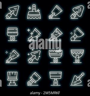 Set icone coltello stucco. Contorno insieme di icone vettoriali di coltello stucco colore neon su nero Illustrazione Vettoriale
