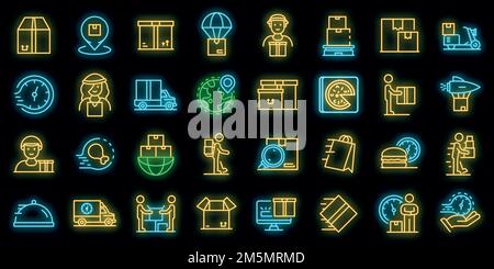 Set di icone Courier. Contorno insieme di icone vettoriali del corriere colore neon su nero Illustrazione Vettoriale
