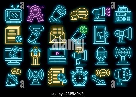 Icone annunciatore impostate. Contorno insieme di icone vettoriali presentatore colore neon su nero Illustrazione Vettoriale