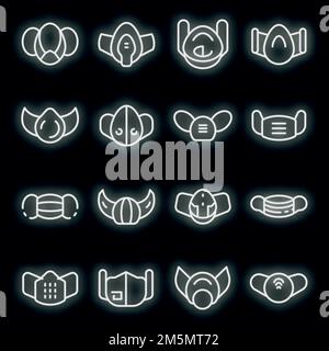 Set di icone della maschera medica. Contorno insieme di icone vettoriali maschera medica colore neon su nero Illustrazione Vettoriale