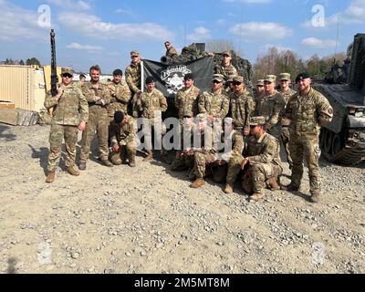 STATI UNITI I soldati dell'esercito con 69th reggimento dell'armatura, 1st squadra di combattimento della Brigata Armata, 3rd divisione di fanteria e la compagnia danese di fanteria Armorata 1st, il reggimento della Guardia Hussar (GHR) conducono test di screening della precisione del fuoco vivo (LFAST) e la familiarizzazione delle armi tra i partner della NATO presso la Grafenwoehr Training Area, Germania. L'ABCT del 1st, 3rd ID, si è schierato in Europa per assicurare gli alleati della NATO, scoraggiare un'ulteriore aggressione contro gli stati membri della NATO e allenarsi con le forze della nazione ospitante. Foto Stock