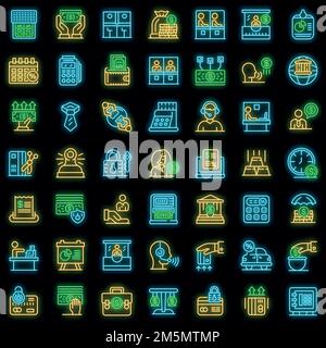 Set di icone di Bank Teller. Contorno insieme di icone vettoriali di bancomat colore neon su nero Illustrazione Vettoriale
