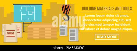 Materiali da costruzione e strumenti banner concetto orizzontale. Illustrazione piatta dei materiali da costruzione e degli strumenti banner concetto vettoriale orizzontale per il web Illustrazione Vettoriale