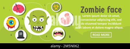 Zombie faccia banner orizzontale concetto. Illustrazione piatta di zombie faccia banner orizzontale vettore concetto per il web design Illustrazione Vettoriale
