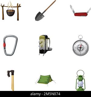 Icone camping impostate. Illustrazione cartoon di 9 icone vettoriali camping per il web Illustrazione Vettoriale