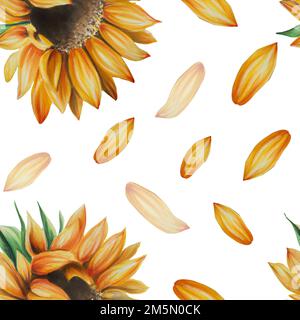 Motivo senza cuciture color girasole. Clipart disegnata a mano isolata sullo sfondo. Stampa autunnale per le vacanze. Per invito di nozze, tessile, scrapbooking Foto Stock