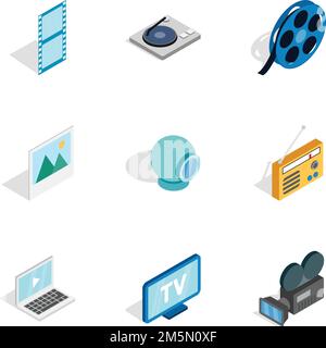 Icone audio e video impostate. Immagine isometrica 3D di 9 icone vettoriali audio e video per il Web Illustrazione Vettoriale