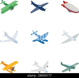 Set di icone per aeromobili. Illustrazione isometrica 3D di 9 icone vettoriali per velivoli per il web Illustrazione Vettoriale