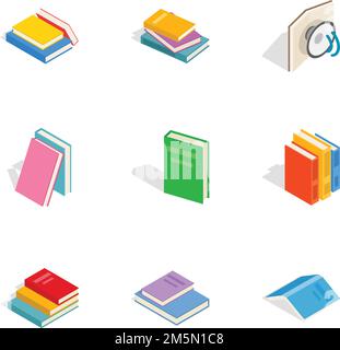 Icone libri impostate. Illustrazione isometrica 3D di icone vettoriali di 9 libri per il web Illustrazione Vettoriale