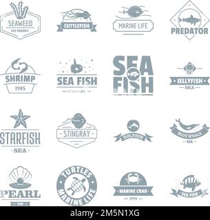 Icone del logo del mare dei pesci impostate. Semplice illustrazione di 16 icone vettoriali di logo di pesce mare per il web Illustrazione Vettoriale