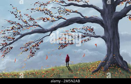 Giovane donna in giacca rossa in piedi su prato con grande albero autunnale, foglie in caduta e cielo nuvoloso. Pittura digitale, sfondo paesaggistico Foto Stock
