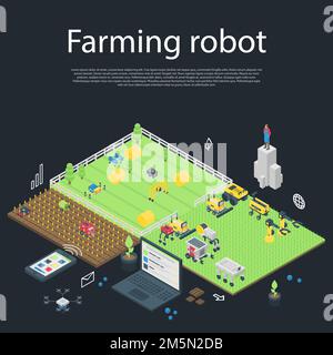 Banner concetto robot Garden farming. Illustrazione isometrica del banner di concetto vettoriale di robot di coltivazione del giardino per il web design Illustrazione Vettoriale