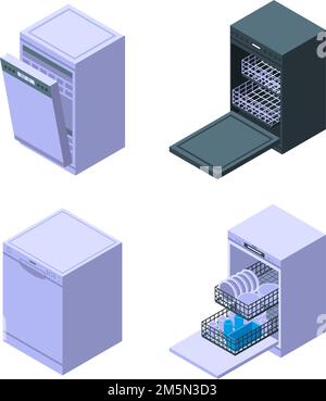 Icone lavastoviglie impostate. Set isometrico di icone vettoriali per lavastoviglie per web design isolate su sfondo bianco Illustrazione Vettoriale