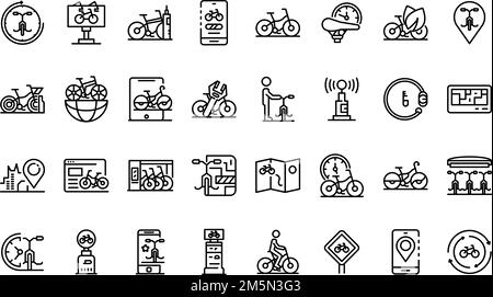 Rent a Bike set di icone. Set di contorno di noleggiare una bicicletta per icone vettoriali per il web design isolato su sfondo bianco Illustrazione Vettoriale