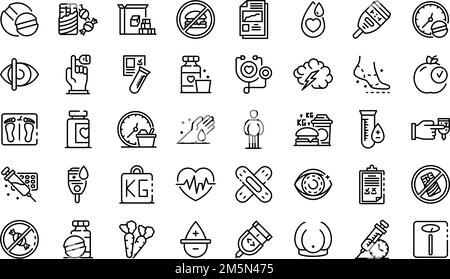 Il Diabete set di icone. Set di contorno del diabete icone vettoriali per il web design isolato su sfondo bianco Illustrazione Vettoriale
