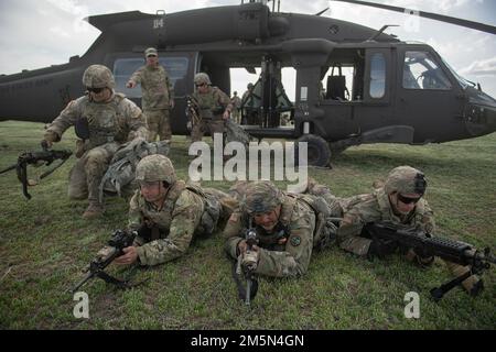 Idaho Army National Guard Soldiers from Charlie Company, 2-116th Combined Arms Battaglione praticato l'imbarco e l'uscita da un UH-60 Black Hawk in preparazione per il loro esercizio di assalto aereo. La Guardia Nazionale dell'Idaho Army Soldiers of Charlie Company, 2-116th Combined Arms Battaglione del 116th Cavalry Brigade Combat Team si è unita A E B Companies nelle loro ultime esercitazioni di addestramento prima di dispiegarsi più tardi quest'estate. I soldati della Charlie Company hanno completato le qualifiche delle armi individuali, l'assalto aereo e i movimenti e le tattiche della squadra. Foto Stock