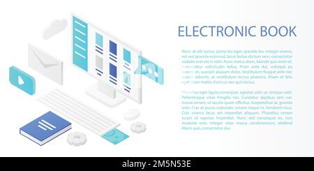 Libro elettronico concetto banner. Illustrazione isometrica del libro elettronico concetto vettoriale banner per il web design Illustrazione Vettoriale
