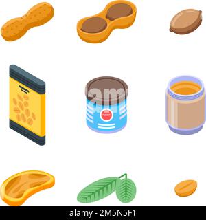 Icone di arachidi impostate. Set isometrico di icone vettoriali di arachidi per web design isolato su sfondo bianco Illustrazione Vettoriale