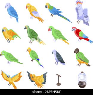 Set di icone Parrot. Set isometrico di icone vettoriali pappagallo per web design isolato su sfondo bianco Illustrazione Vettoriale