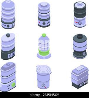 Icone del sistema di cottura a vapore impostate. Set isometrico di icone vettoriali per la progettazione di siti isolati su sfondo bianco Illustrazione Vettoriale