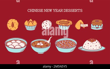 CNY Celebration, Chinese New Year Dessert illustrazione vettoriale in stile doodle. Disegno tradizionale di cucina asiatica. Illustrazione Vettoriale