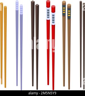 Icone Chopsticks impostate. Set isometrico di icone vettoriali di chopsticks per web design isolato su sfondo bianco Illustrazione Vettoriale