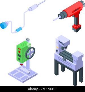 Set di icone della macchina perforatrice. Set isometrico di icone vettoriali per macchine perforatrici per web design isolate su sfondo bianco Illustrazione Vettoriale