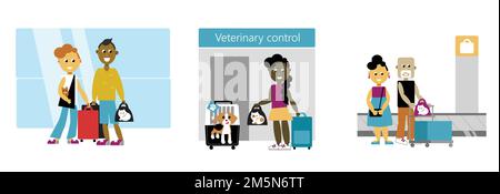 La famiglia sta andando in vacanza con gli animali domestici, il gatto ed il cane. Uomo e donna con bagaglio. Gli animali domestici con il proprietario sono in attesa del controllo veterinario in aeroporto. Illustrazione Vettoriale
