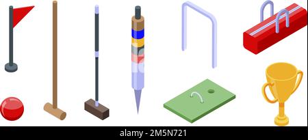 Icone croquet impostate. Set isometrico di icone vettoriali di croquet per web design isolato su sfondo bianco Illustrazione Vettoriale
