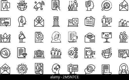 Serie di icone specialistiche PR. Set di profili di icone vettoriali specialistiche PR per il web design isolato su sfondo bianco Illustrazione Vettoriale