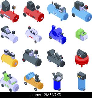 Set di icone del compressore dell'aria. Set isometrico di icone vettoriali per compressori d'aria per disegno web isolato su sfondo bianco Illustrazione Vettoriale