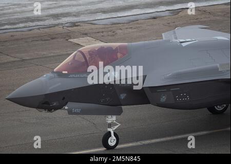 Un pilota F-35A Lightning II assegnato alla 354th Fighter Wing rende omaggio a uno squadrone al momento della consegna iniziale alla Eielson Air Force base, Alaska, 29 marzo 2022. Il 354th FW ha rappresentato due squadroni F-35A con codice di combattimento, il 355th e il 356th Fighter Squadrons, e ha ottenuto un totale di 54 F-35As entro aprile 2022. Foto Stock