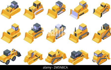 Icone apripista impostate. Set isometrico di icone vettoriali bulldozer per web design isolato su sfondo bianco Illustrazione Vettoriale