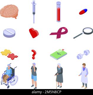 Icone della malattia di Alzheimers impostate. Set isometrico di icone vettoriali di malattia di alzheimers per web design isolato su sfondo bianco Illustrazione Vettoriale