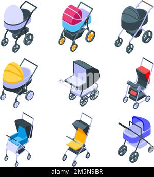 Icone PRAM impostate. Set isometrico di icone vettoriali di pram per web design isolate su sfondo bianco Illustrazione Vettoriale