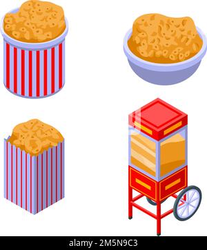 Icone popcorn impostate. Set isometrico di icone vettoriali popcorn per web design isolate su sfondo bianco Illustrazione Vettoriale