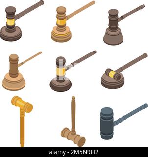 Giudicare le icone del martello impostate. Set isometrico di icone vettoriali di Judge HAMMER per web design isolate su sfondo bianco Illustrazione Vettoriale