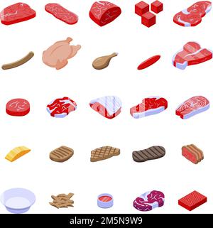 Set di icone di carne. Set isometrico di icone vettoriali di carne per web design isolato su sfondo bianco Illustrazione Vettoriale