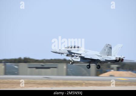 MISAWA, Giappone (29 marzo 2022) – un EA-18G Growler, assegnato alle “Giacche Gialle” dello Squadrone elettronico di attacco (VAQ) 138, decolve alla base aerea di Misawa. VAQ-138 fornisce velivoli EA-18G completamente operativi per eseguire attacchi elettronici illimitati in tutto il mondo. Foto Stock